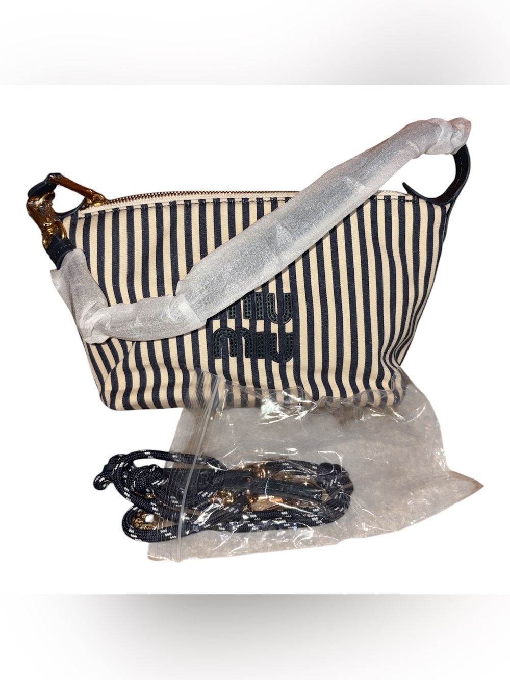 Striped Navy and Cream Shoulder Bag with Navy Logo